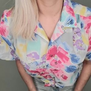 Vintage Button Up Floral Short Sleeve Blouse